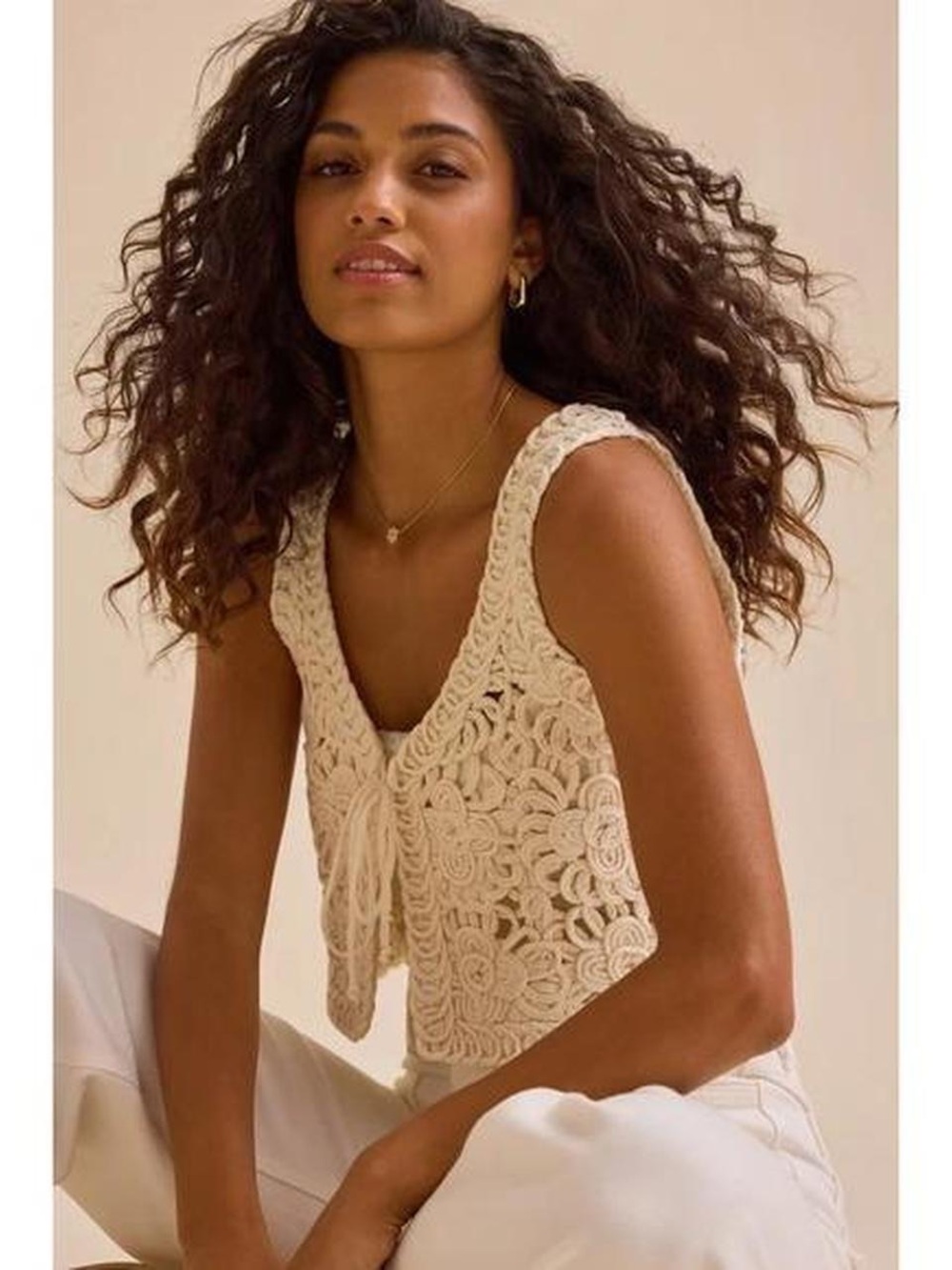 Altar’d State cream crochet knit tie front vest